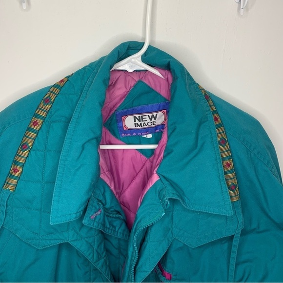 Vintage 80s Retro New Image Women's Large Teal & Purple Nylon Oversized Coat - Picture 3 of 12